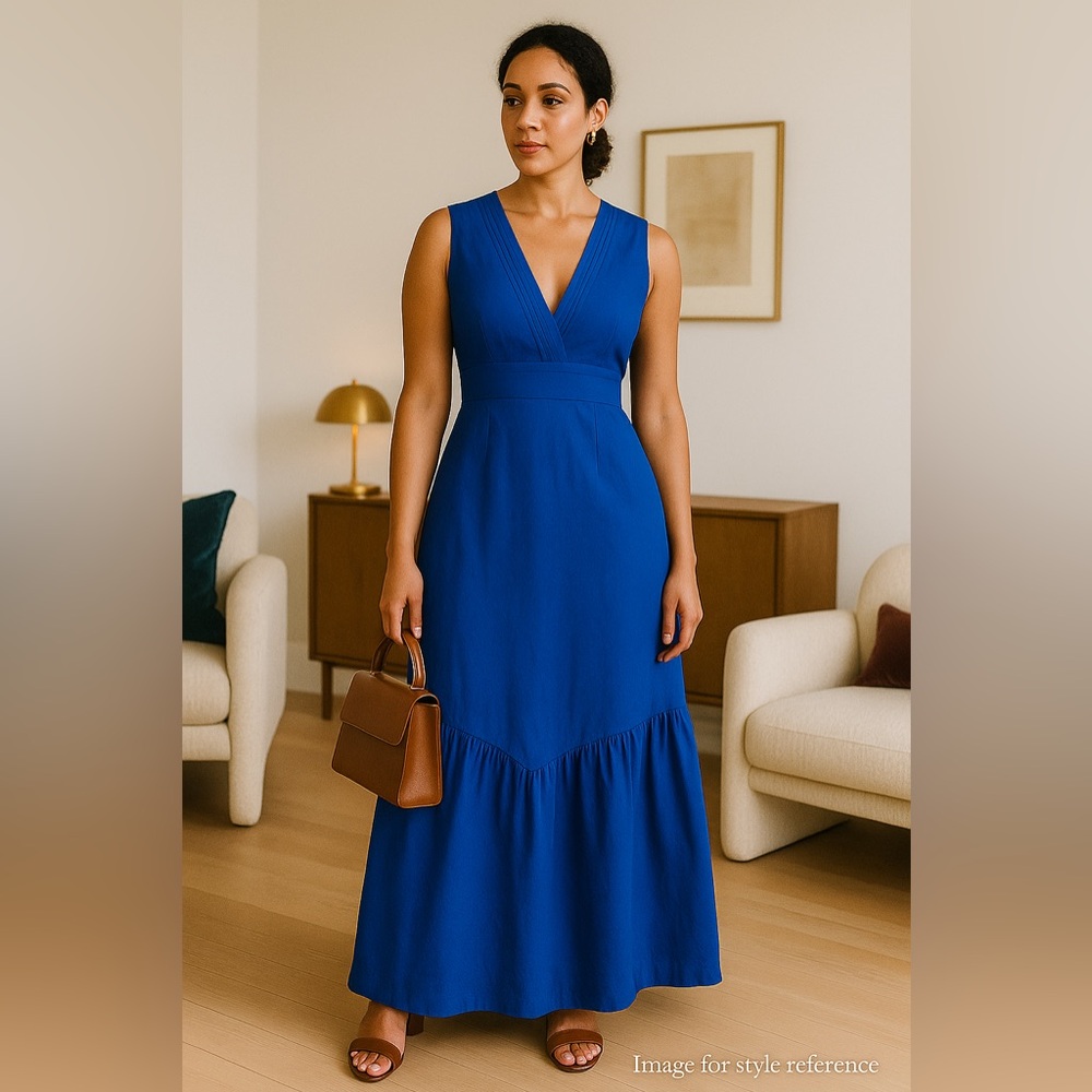 💙 Chicways Royal Blue Maxi Dress – Size S | Deep V-Neck & V-Seam Tiered Hem